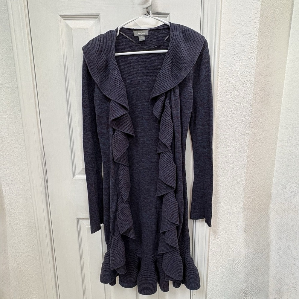 Neiman Marcus Waterfall‎ Cardigan Sweater Dark Blue Open Front Long Sleeve